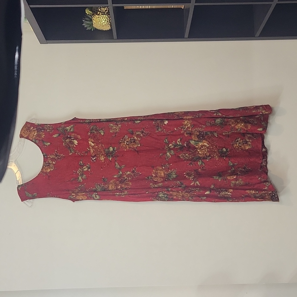 K STUDIO Vintage Red Floral Rayon Empire Waist Sleeveless Long Midi/Maxi Dress